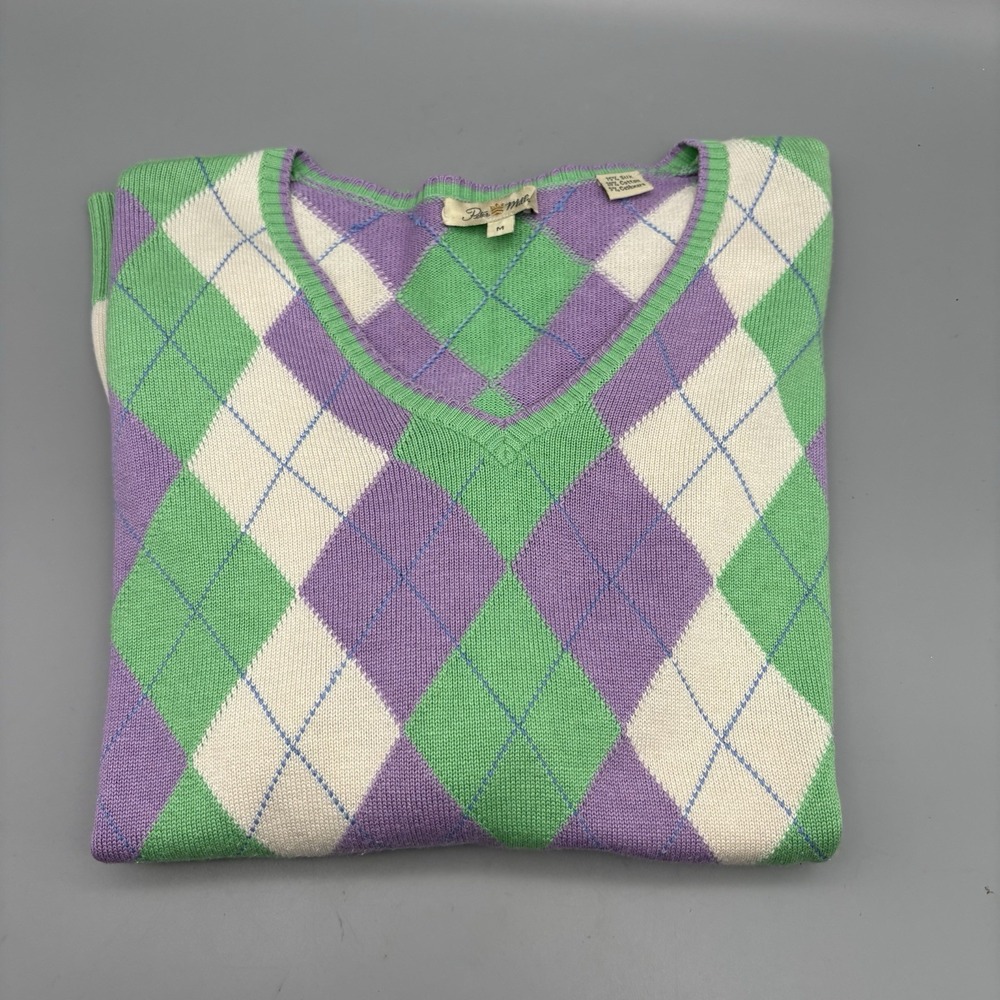 Womens Peter Millar Argyle Sweater 3/4 Sleeve Silk Cotton Cashmere Sz M Golf - Picture 9 of 9